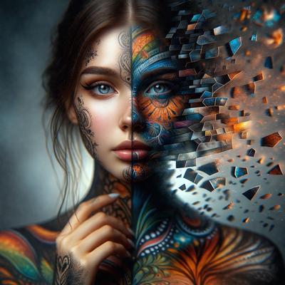 The primary subject of the image is a woman with tattoos and a painted face. She is wearing a colorful dress and has a unique and artistic appearance. The setting is a room with a backdrop of a wall, and the visual style is a combination of photo and digital art. The colors and mood of the image are vibrant and creative, with a focus on the woman's striking appearance.